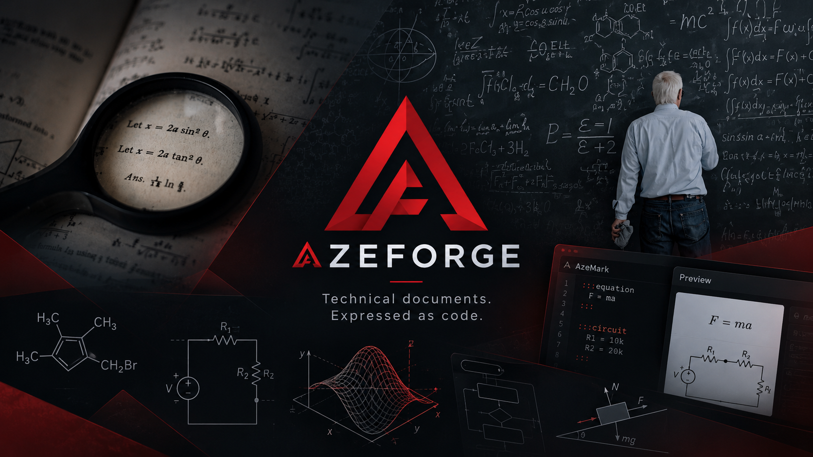 AzeForge artwork with its red logo, mathematical notes, chemistry and circuit diagrams, and a source editor beside a rendered preview
